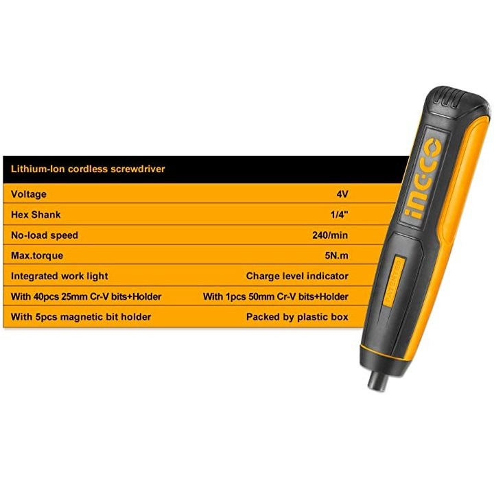 پیچ گوشتی شارژی اینکو مدل CSDLI0403-4V مجموعه 45 عددی