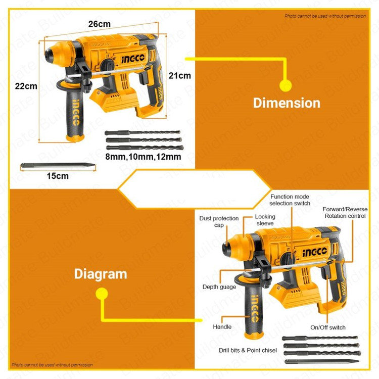 دریل بتن کن شارژی اینکو مدل CRHLI-2201