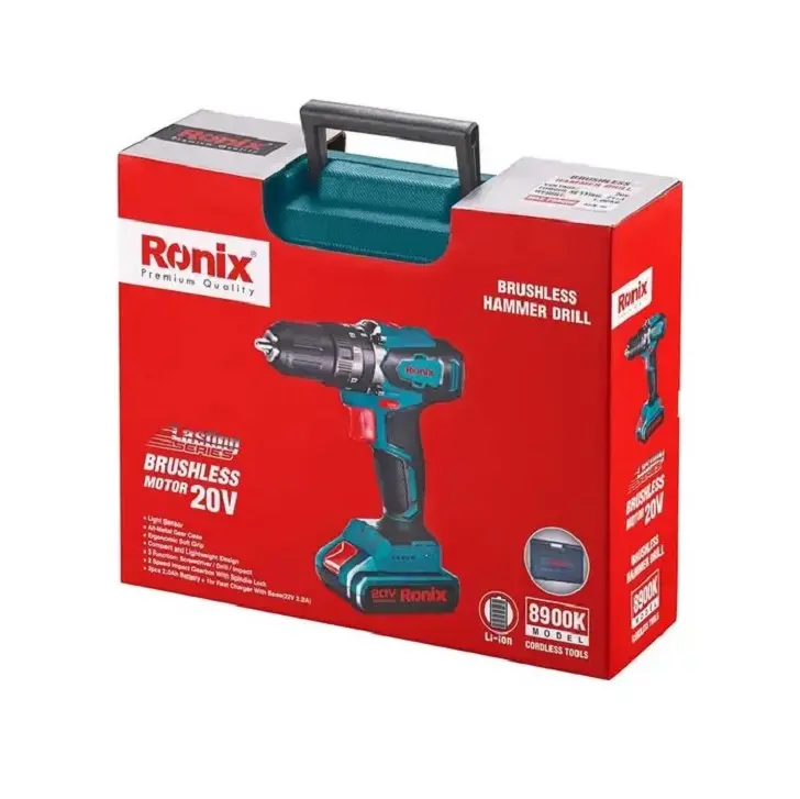 کیت دریل پیچ گوشتی چکشی شارژی 13 mm  براش لس 20 ولت تاپ لاین رونیکس کد 8900k
