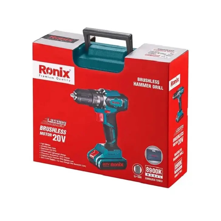 کیت دریل پیچ گوشتی چکشی شارژی 13 mm براش لس 20 ولت تاپ لاین رونیکس کد 8900k
