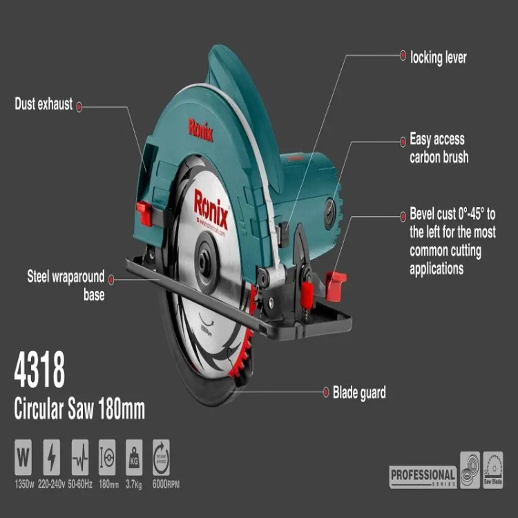 اره برقی گرد بر نجاری 180 میلی متری 1350 وات رونیکس کد 4318