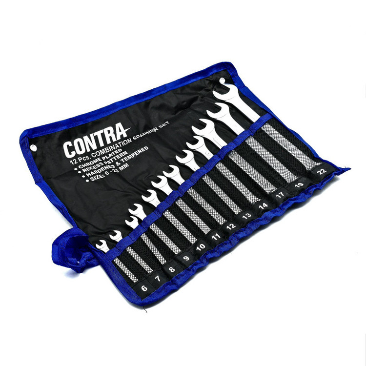 کیف آچار یکسر تخت و یکسر رینگی کنترا مدل کیف دار کد CHROME-PLATED-12PCS سایز 6 الی 22 میلی متر مجموعه 12 عددی