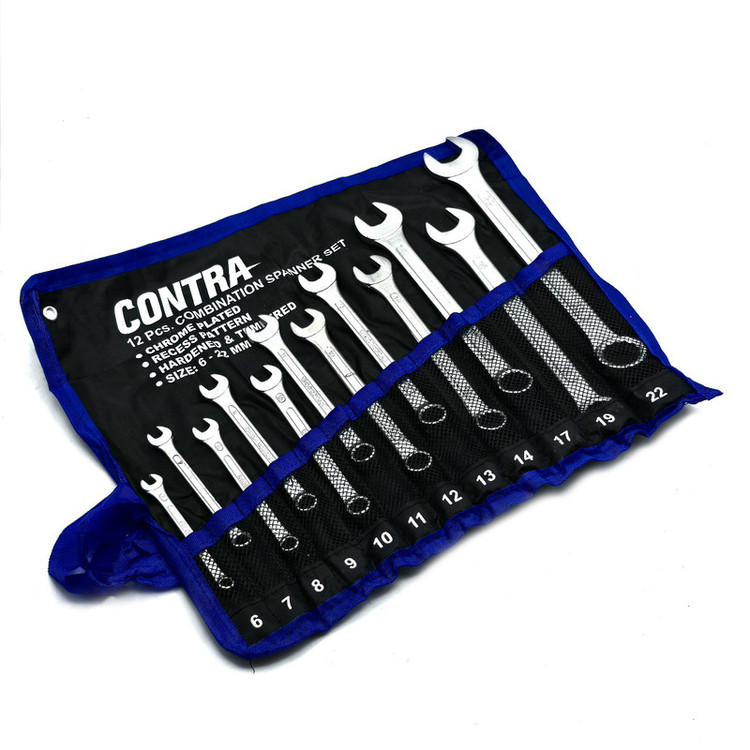 کیف آچار یکسر تخت و یکسر رینگی کنترا مدل کیف دار کد CHROME-PLATED-12PCS سایز 6 الی 22 میلی متر مجموعه 12 عددی