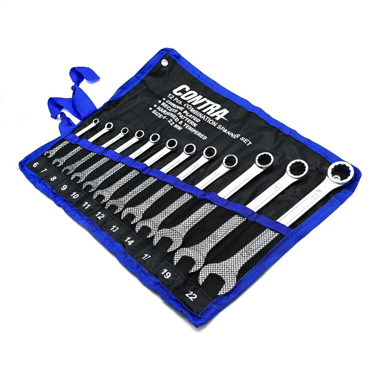 آچار یکسر تخت و یکسر رینگی کنترا مدل CRV-3113A سایز 6 الی 22 میلی متر مجموعه 12 عددی