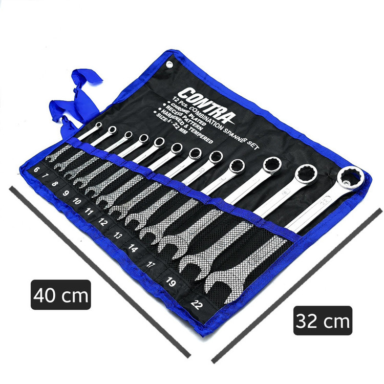 آچار یکسر تخت و یکسر رینگی کنترا مدل CRV-3113A سایز 6 الی 22 میلی متر مجموعه 12 عددی