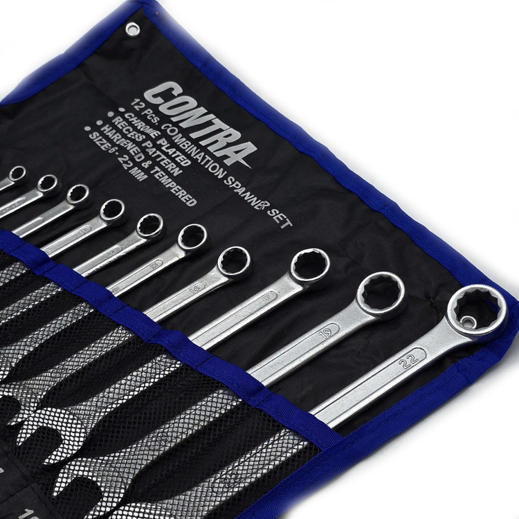 آچار یکسر تخت و یکسر رینگی کنترا مدل CRV-3113A سایز 6 الی 22 میلی متر مجموعه 12 عددی