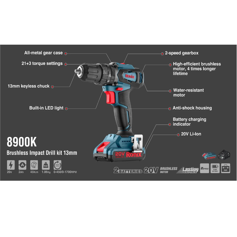 دریل پیچ گوشتی شارژی 20 ولت رونیکس مدل 8900K