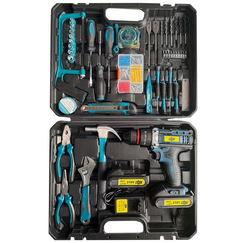 دریل پیچ گوشتی چکشی شارژی 10 میلی متری 212 ولت جاب مدل JB-212 ACCESSORIES مجموعه 199 عددی