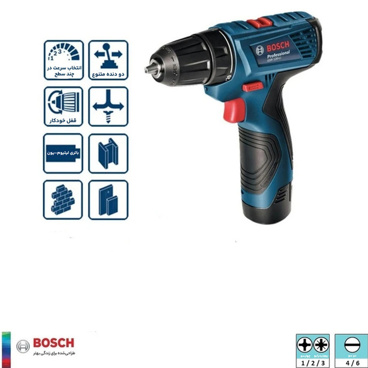 دریل پیچ گوشتی بوش مدل GSR-120LI+EXTRA به همراه مجموعه 25 عددی سری پیچ گوشتی