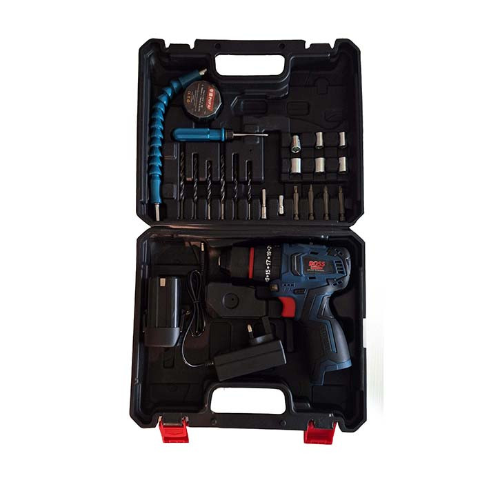 دریل چکشی شارژی سه نظام 10میلیمتری 24 ولت باس مدل BS-24V مجموعه 24 عددی
