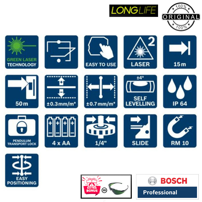 تراز لیزری بوش مدل حرفه ای GCL 2-50 G Box BT150 + Full Accessories